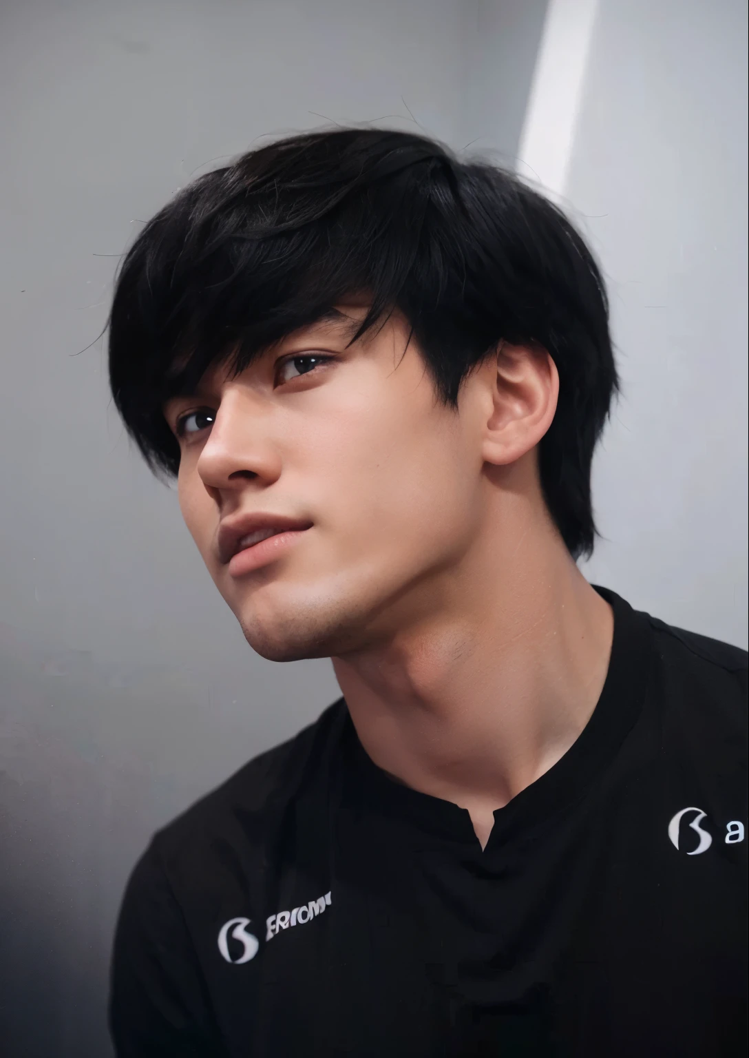 1 man, black hair, white skin black t-shirt, handsome, anime