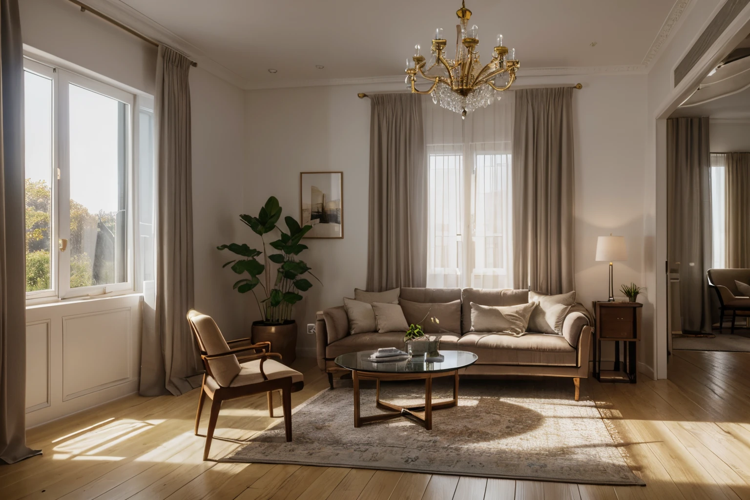 interior, a living room with a couch, chair, table and windows with curtains on them and a chandelier hanging from the ceiling, Enguerrand Quarton, vray render, a digital rendering, photorealism
interior, flower, indoors, tree, no humans, window, chair, table, plant, curtains, scenery, couch, wooden floor, vase
Step into the realms of an 8k masterpiece wallpaper, a nexus of ultra-detail, high resolution, and impeccable shadow play. Rendered in digital illustration, it bears a semblance to the works of Yoko Honda. Set against the backdrop of a Nayuta Nordic Modern Interior Design room, the scene features a chair, a vase flaunting a white flower, a table, swaying curtains, a luxurious couch, a lamp placed near a window, a cup, a spread-out book, and a vibrant plant. The color temperature bathes the room in golden hues, adding to its charm. In the absence of humans, the setting resonates with profound stillness. Ray tracing, photon mapping, and radiosity merge seamlessly with professional lighting to create an ethereal atmosphere