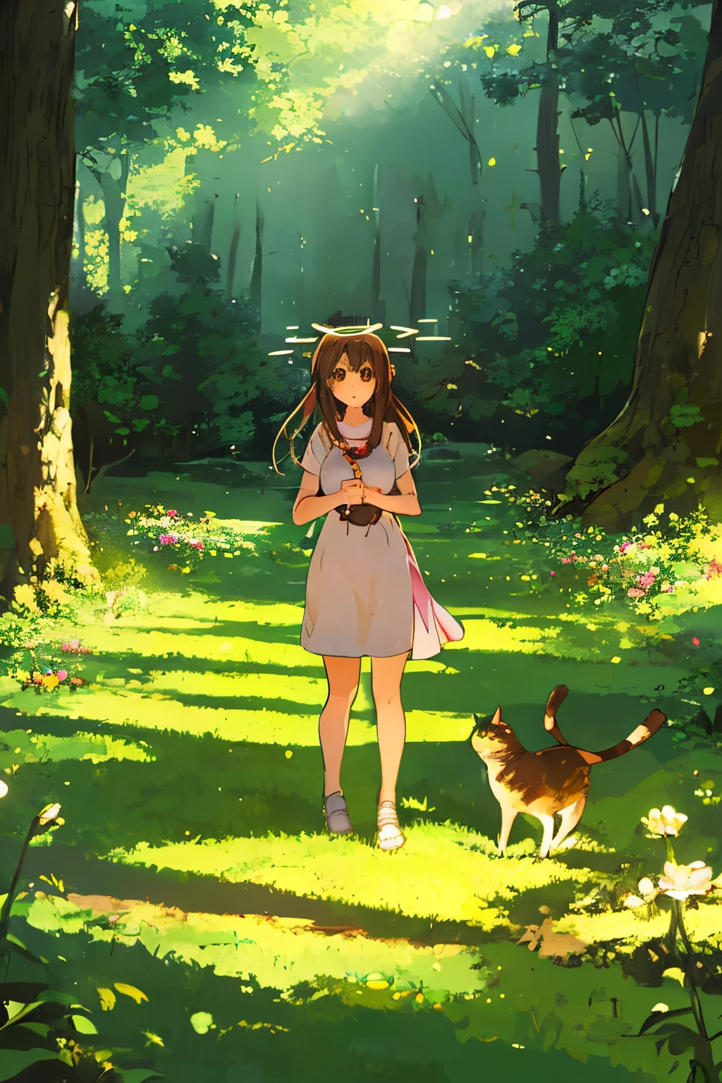 foreshortening, depth of fields, tmasterpiece, best qualtiy, 1个Giant Breast Girl, Brown hair, Brown eyes, Long whit hair,In the forest, glowworm, Alone, holding cat,looking at viewert, Komono,, There is a halo around the character,