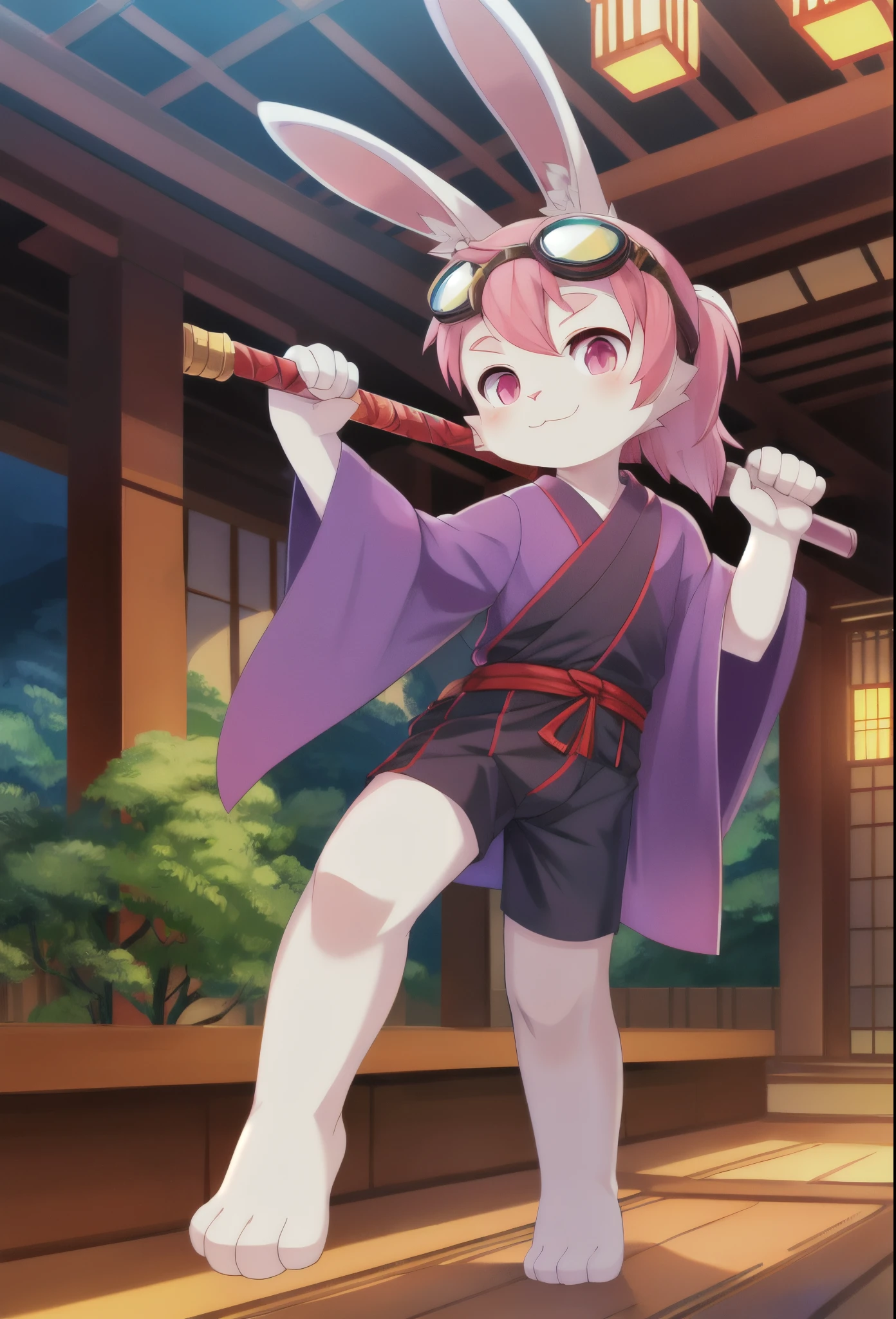 Furry shota, young, rabbit, long rabbit ears, pink hair, long spiky ponytail, spiky hair, detailed body fur, Pink eyes, ((purple kimono, open clothes, red fundoshi, goggles)), looking at you, white body fur, detailed face, big eyebrows, detailed eyes, detailed body, sakura forest, clear sky, detailed hands, flat body, glistering body, shiny body, skinny, spectacular effects, sassy face, :3, perfect lighting, perfect shadows, perfect eyes, perfect hair, perfect face, gorgeous body, full body, feets with three toes, 3 toes, action: flying kick, kick, barefoot, feet focus,