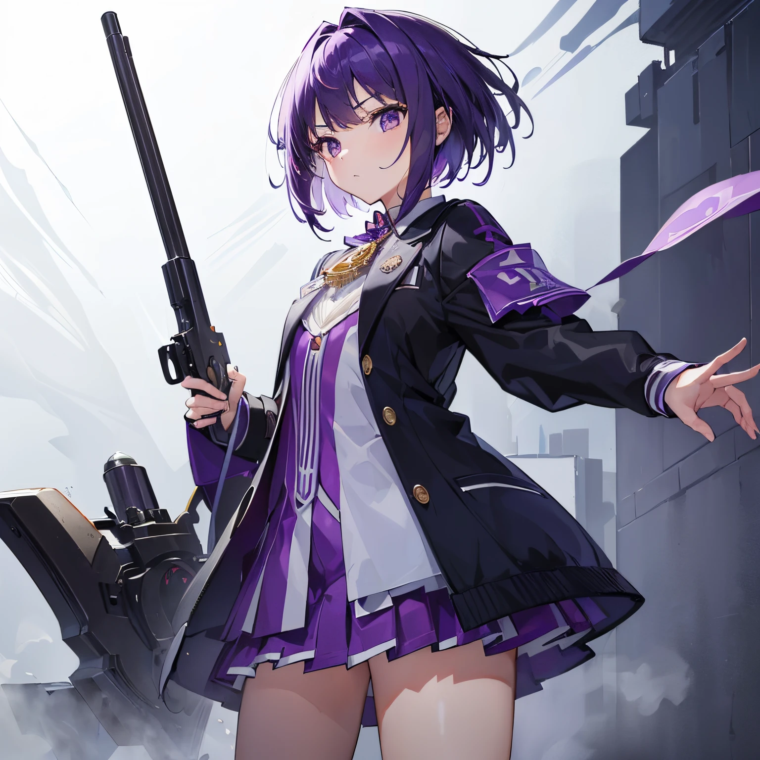 ((tmasterpiece，4k wallpaper，best qualtiy))、((girl with１a person))、(独奏)、Brilliant，(Purple hair)、short-cut,guns、student clothes、Will