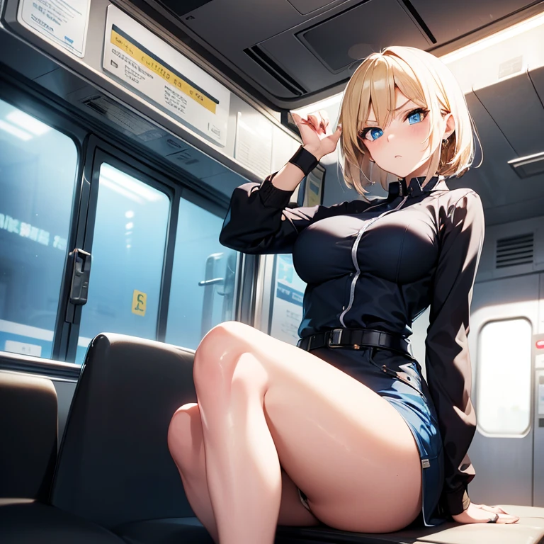 (black suits)、(slender skirt)、(Blonde Bob)、Black pantyhose、Ecstatic look、red blush、(5-Fingers)、Black High Heels、pussy juice,pussy,vagina、On the train、Shot from below