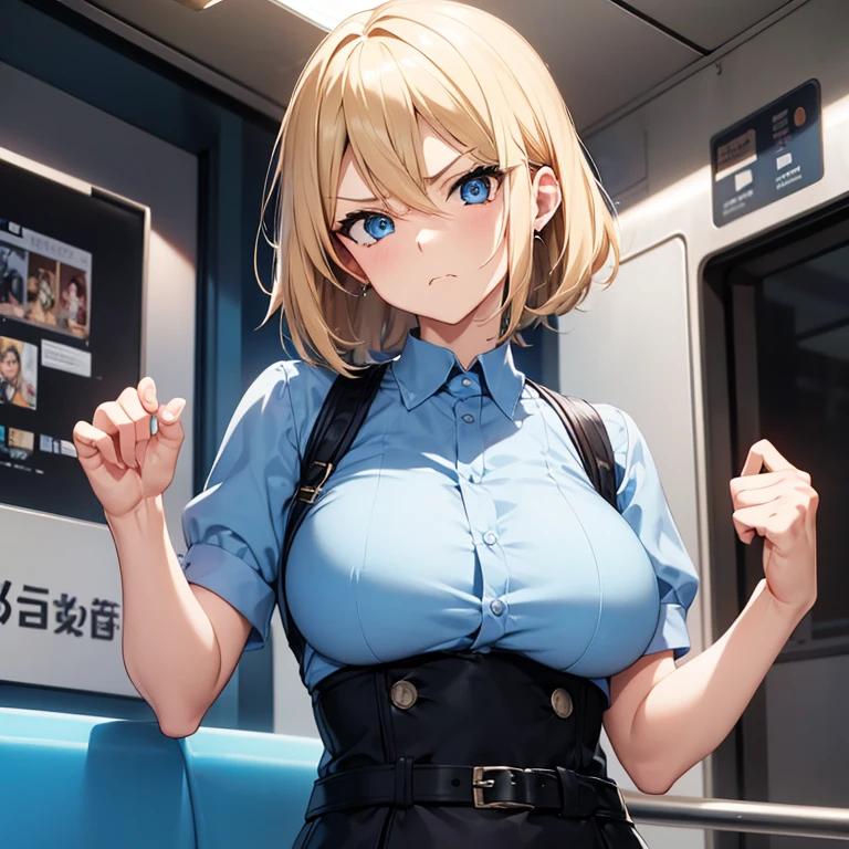 2D Anime Style、Blue eyes、breasts are slightly larger、Short blonde hair with a slight light blue gradation、A cool adult woman with a slightly angry expression....、Black Fashion, Take the train,
