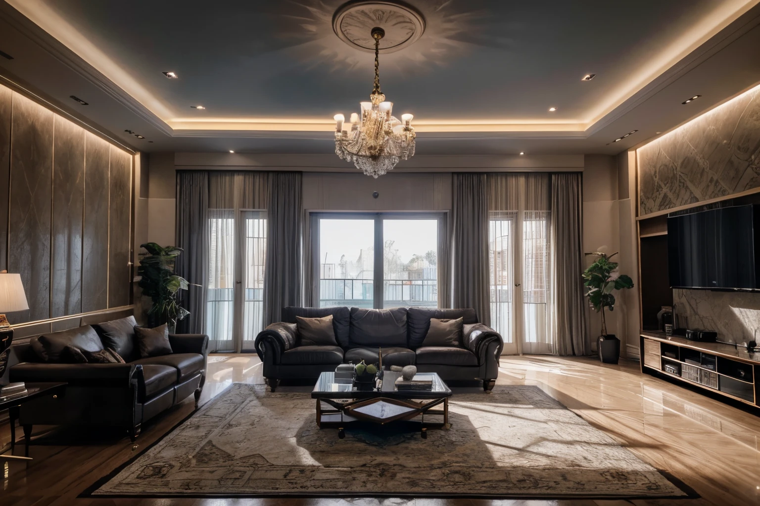 interior luxury, neo classic, minoti furniture, arafed view of a living room with a couch,bacara chandeliers, table coffee, detailed,, archviz, highly photographic,ceiling and wall panels, tall ceilings, 8k uhd, high quality, film grain, Fujifilm XT3, cinematic, slate grey, dramatic light, architecture, shadow in front, 5pm,