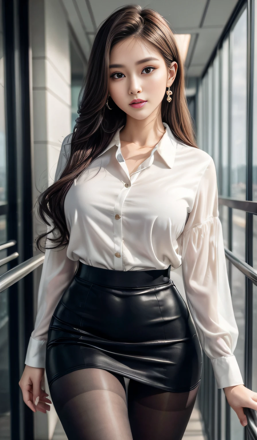 ultra - detailed、tmasterpiece、top-quality、超A high resolution、8K、high-level image quality、Live action、Photogenic clarity、A detailed eye、gradients、perfect anatomy body proportions ,hard disk、nffsw , Nikon Z9 80mm Lens 、masutepiece、Beautiful Female Teacher, Skirt and thighs、20yr old、Take a walk in the hallway、Office Clothes, Wear a luxurious silk shirt, Young and beautiful girl, perfect body type, perfect body type, full pov, Perfect body, (Starting below:1.3), Lewd poses,(Wear pantyhose,Realistic Pantyhose)、(Colossal tits:1.0), long sexy legs, (Thigh gap:1.5),Wide buttock,Elegant slim beige blouse, Pretty Korean girl, Kpop Idol,(pale skin), (Big eyes),(ssmile:0.8),business clothes, Business attire, wearing a shirts, merchant, Flesh-colored silk socks, cream colored blouse, Wear an ultra-thin shirt, silky garment, wearing business casual dress, Dressed in a suit, business outfit, formal clothes、super detailing, realistic skin textures, Detal Face, Beautiful detail eyes, Makeup - Makeup、Sparkling eyes、shiny lip、high-heels、Semi-body shot、