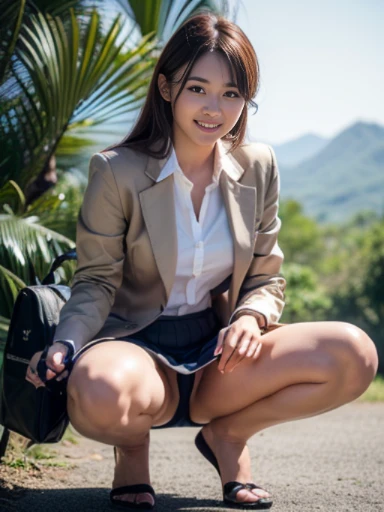 ((top-quality、in 8K、​masterpiece:1.3、Raw photo))、Super high quality photos, In the tropical jungle, ((Wearing a business suit with jacket and skirt)), ((The wind is blowing up my skirt and I can see my panties.)),((squatting with legs closed)),((Wear a white blouse shirt under the jacket)), ((Perfect beauty 20 year old idol Japan woman)), ((a smile)), ((protruding nipples under the shirt,,)), ((Hair fluttering in the wind)), ((slim figure)), ((Slim legs)), ((slim thigh)), (Photorealistic: 1.4), (Ultra-high detail), (hyper realisitic: 1.4), (Realistic: 1.3), (Smooth lighting: 1.05), Full body, 1girl in, Solo, (Japanese actressl),　20yr old, cinematlic lighting, ((Leaner figure)), Good anatomy, Correct anatomy, In the tropical jungle, ((Perfect beauty 20 year old idol Japan woman)), ((Slim legs)), ((slim thigh)), ,((Perfect beauty)), ((He has a small camping bag in one hand.)), ((Panties are visible through the skirt)), ((a smile)), ((camel's toe)), ((Wearing a business suit with jacket and skirt)), ((The wind is blowing up my skirt and I can see my panties.)), ((squatting with legs closed)),