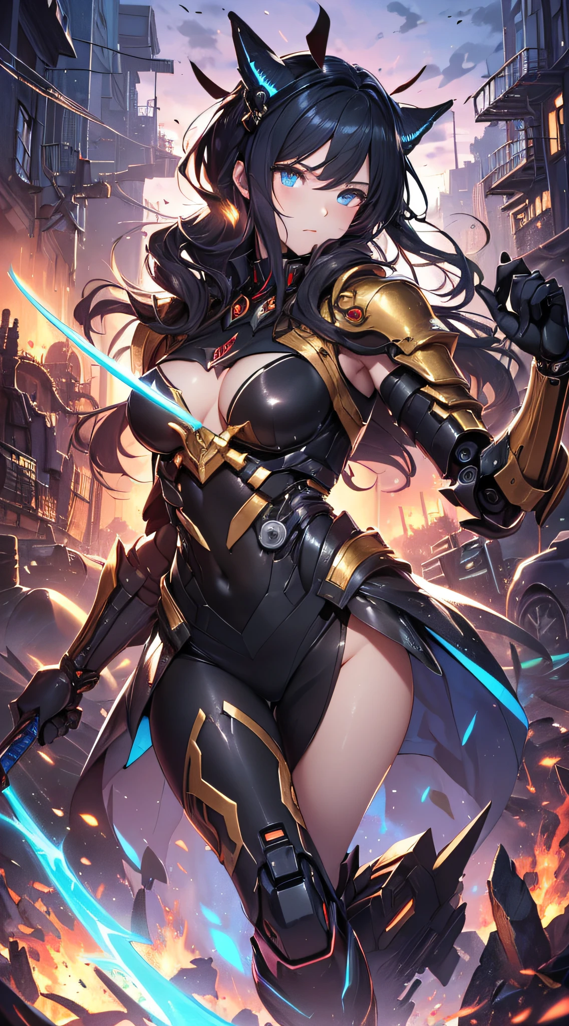 top-quality、Top image quality、masterpiece、girl with((red and blue mechanical body armor、red mechanic arm、purple leg arms、Shining gold body line、sixteen years old、 ager、cute little、Best Bust、big bast,Beautiful light blue eyes、Breasts wide open, Black hair semi-long、A slender,Large valleys、belligerent movements,glowing whip、Warlike face)),hiquality、Beautiful Art、Background with((mechanic city、Pillar of fire,flying sword of light)))、Depth((Black Giant Robot)),masutepiece、depth of fields,Cinematic style