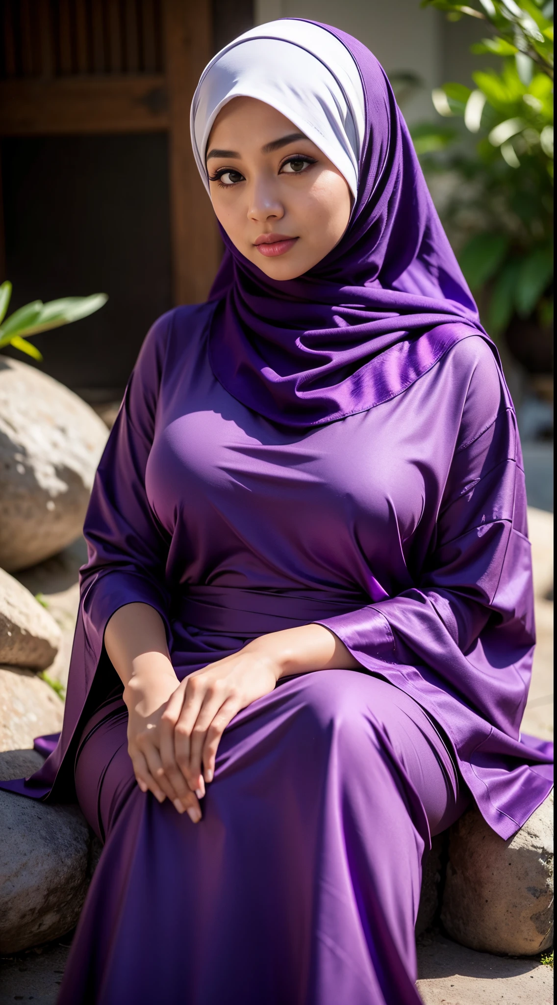 1 Malay girl, modern plain hijab, shy, medium portrait, watery eyes, RAW, Best quality, high resolution, masterpiece: 1.3), beautiful Malay woman in hijab (iu:0.8),((big breast)), perfect nose,perfect lips, perfect eyes, detail :1.2), soft smile, woman in purple hijab sitting on a rock ledge, big breasts, watery eyes, sensual lips, beautiful Malay woman, purple tunic, purple clothes, Malay beauty, wearing beautiful clothes, hijab, simple flowing dress, beautiful woman, clad in purple, purple eyes and white dress, Malay princess, purple robe and veil