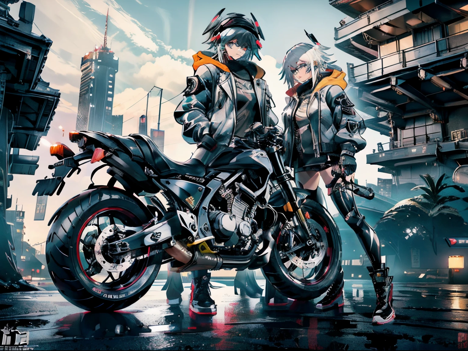 cyberpunked、girl with、mechanic、comical、Anime style、white hair、motor bikes、Rider Jacket、punk coloring、sity、nightcity、street、doodle、parka