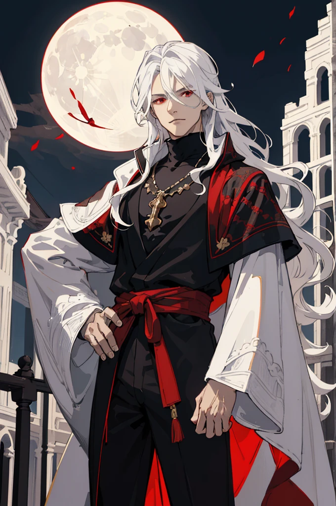 masterpiece, best quality, 1 male, -teeall muscular, handsome, finely detailed eyes, intricate details, long white hair, curly and wavy hair, red eyes, intricate details, fantasy, night, (dark theme), cinematic lighting, colorful, portrait, flying petal, Flowery meadow, cloudy sky, building, moon, light, dutch angle, cowboy shot, wearing a aristocrat fantasy white robe, full sleeve robe, robe has a white turtleneck collar with black patterns on it, long robe that goes down to feet, black tshirt under robe, white robe over red and black tshirt, black tshirt has horizontal white lined pattern, royal silk robe, intricate red and gold patterns on robe, stylish male robe, long silk pants,