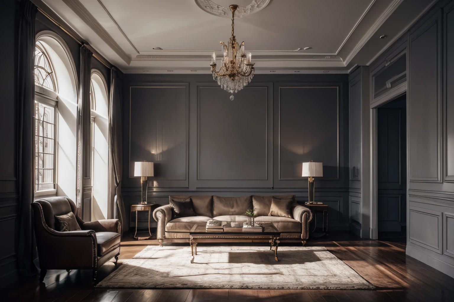 interior luxury, neo classic, minoti furniture, arafed view of a living room with a couch,bacara chandeliers,  table coffee, detailed,, archviz, highly photographic,ceiling and wall panels,  tall ceilings,  8k uhd, high quality, film grain, Fujifilm XT3, cinematic, slate grey, dramatic light, architecture, shadow in front, 5pm,