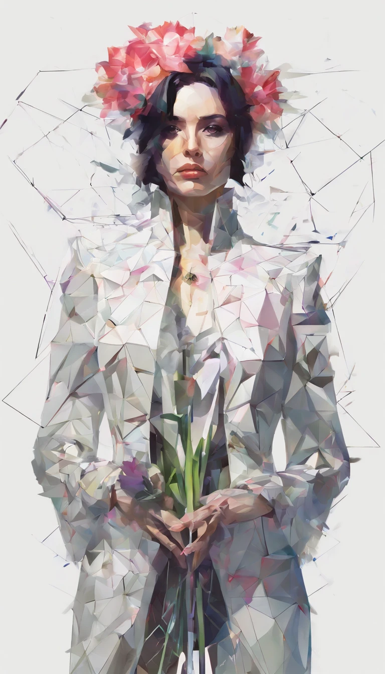 Perfect alignment, jacket runes,crystalline,Tulip flowers, Black eyes, cheerfulness, Long Black Hair, Standing position, Abstract beauty, Centered, Looking at the camera, Facing the camera, Approaching perfection, Dynamic, Highly detailed, Smooth, Sharp Focus, 8K, hight resolution, Illustration, art by carne griffiths and wadim kashin, White background