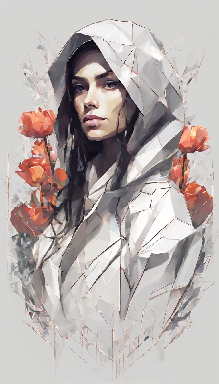 Perfect alignment, jacket runes，crystalline，Tulip flowers, Black eyes, cheerfulness, Long Black Hair, Standing position, Abstract beauty, Centered, Looking at the camera, Facing the camera, Approaching perfection, Dynamic, Highly detailed, Smooth, Sharp Focus, 8K, hight resolution, Illustration, art by carne griffiths and wadim kashin, White background