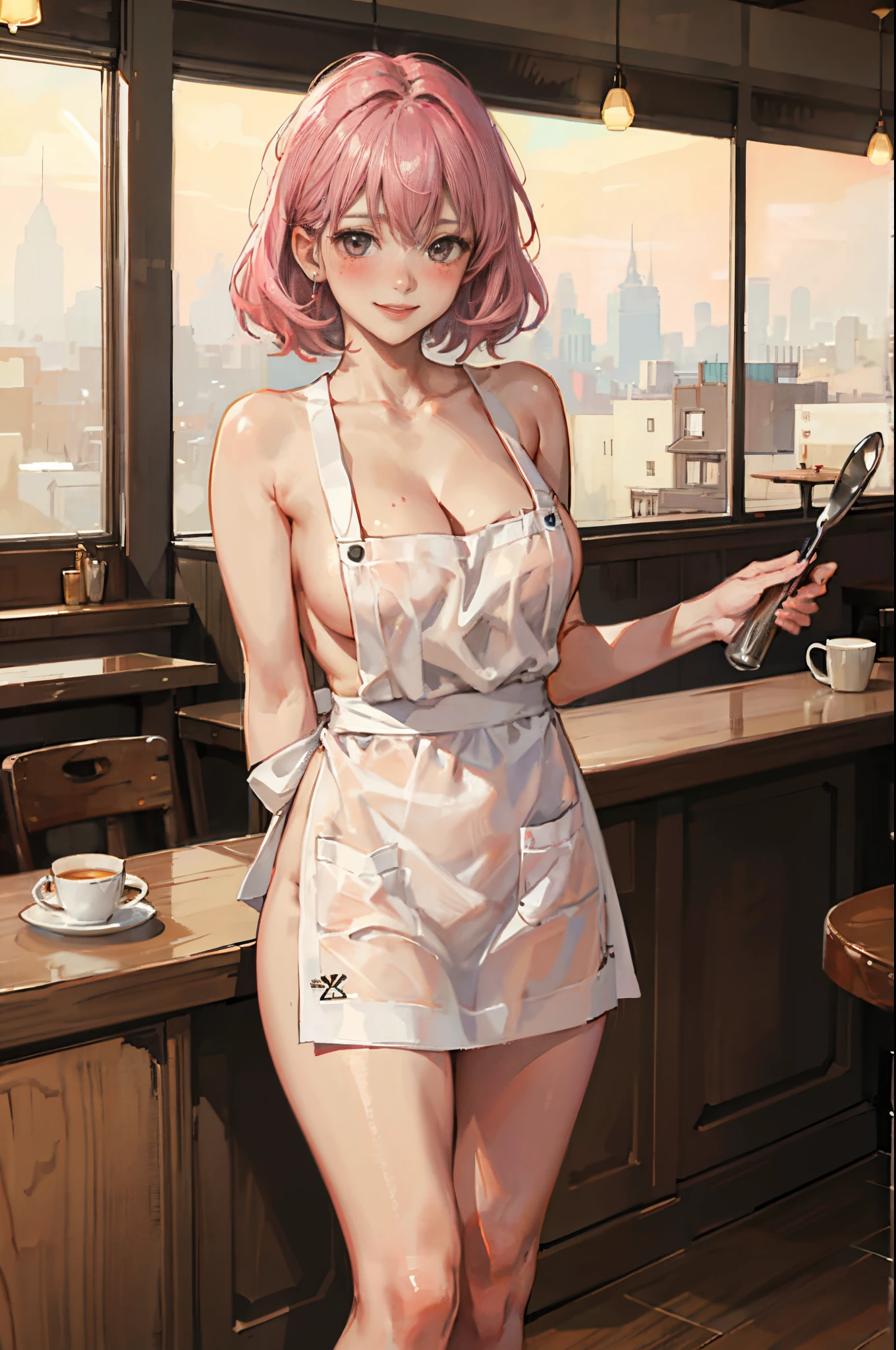 1girl, solo, nakano ichika, pink short hair, (naked:1.3), (white apron), large breasts, cleavage, thighs, cafe background, (blushing:1.2), smiling,
