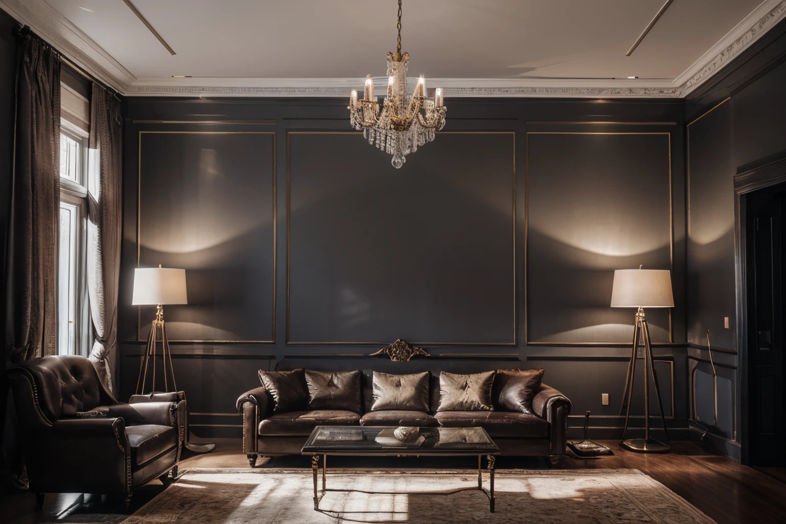 interior luxury, neo classic, minoti furniture, arafed view of a living room with a couch,bacara chandeliers, table coffee, detailed,, archviz, highly photographic,ceiling and wall panels, tall ceilings, 8k uhd, high quality, film grain, Fujifilm XT3, cinematic, slate grey, dramatic light, architecture, shadow in front, 5pm,
