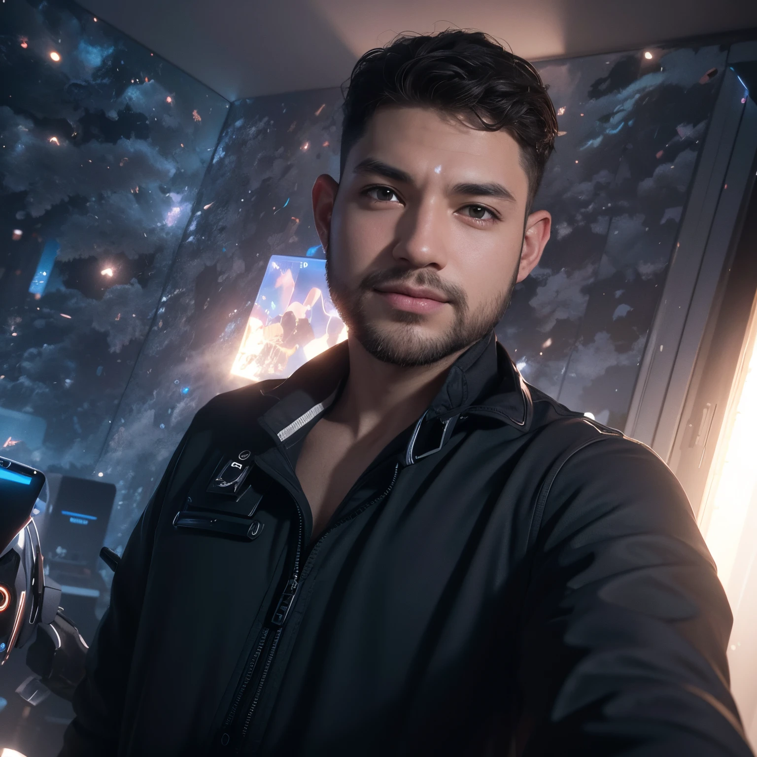 Boy with selfie futuristic background realisti c face 8k ultra high quality hd