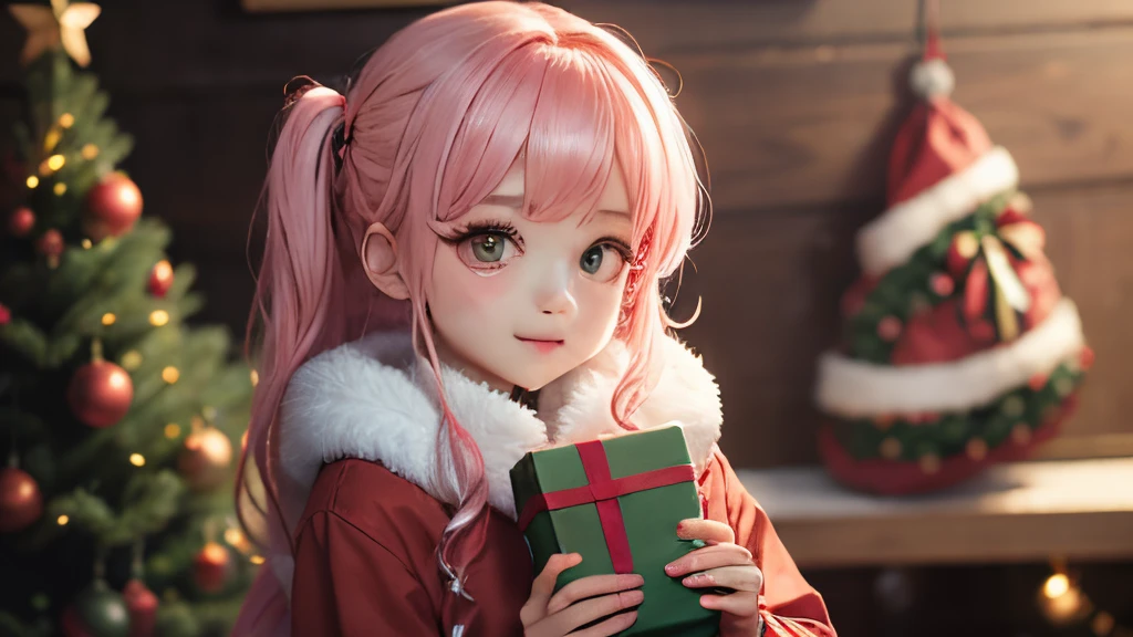 girl with、Pedras preciosas、With background、Christmas tree、Yuki、kirakira、doress、ren、Christmas、santa claus、present、Pink hair、Pink hair、Twin-tailed、Have a gift