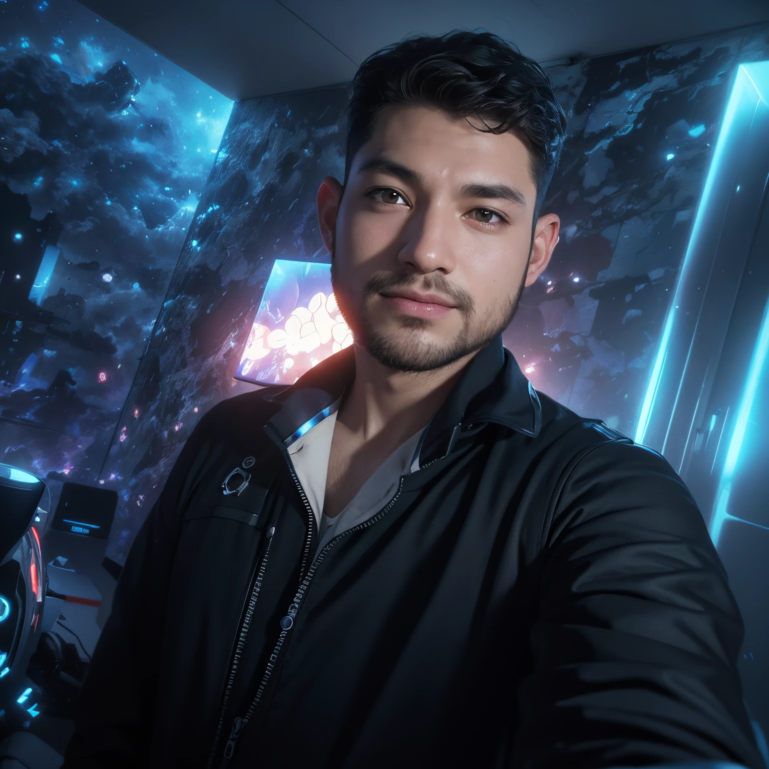 Boy with selfie futuristic background realisti c face 8k ultra high quality hd