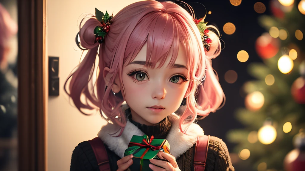 (highest quality、High resolution、8K、master piece: 1.2)、(real、photorealistic: 1.3)、High refractive index: 1.2、film grain、blurry bokeh: 1.2、Lens flare、1 girl、(Bright colors: 1.2)、(delicate)、(scared、tears、surprised))))、((inside the boxに横たわる女の子、round hair、inside the boxの女の子))、(curled up、From the side、From above、tied arms、back arm)、short twin tails, Pigtails, hair accessory, eyepatch, covered, ((cover your mouth))), gag, big breasts, (gift box girl), whole body, bondage, inside the box, bandage, present, ribbon, in the appearance viewer、blush、toy、chest、hair、Christmas、Gift Box、Wrists tied、ribbon bondage