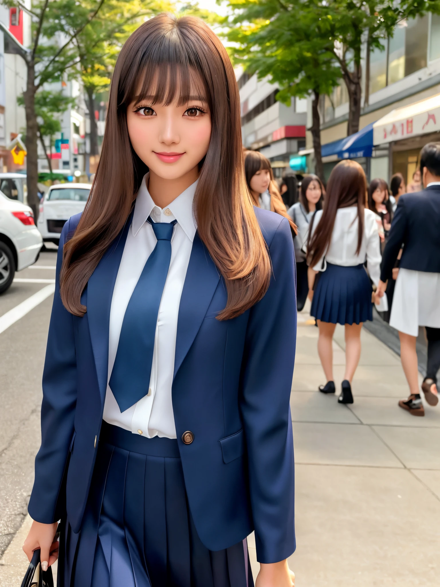 product quality, 1girl, upper body shot, front view, a Japanese young pretty woman, long bob hair, walking alone with a big smile on a crowded sidewalk in the sunset, glamorous figure, wearing a dark blue blazer over a white collared silky satin shirt, shiny satin dark blue plain long tie, dark blue pleated long skirt, school bag over her shoulder, hyper cute face, glossy lips, double eyelids in both eyes, natural makeup, long eyelashes, shiny smooth light brown long bob hair, asymmetrical bangs, a tanned skin, central image, high resolution, high detail, detailed hairstyle, detailed face, spectacular cinematic lighting, octane rendering, vibrant, hyper realistic, perfect limbs, perfect anatomy