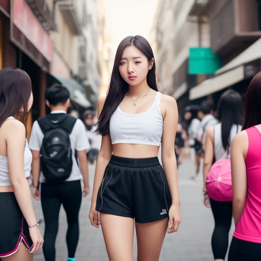  girl, Korean  girl wearing sport shorts, crop top, big breast, street, crowded people, emphasis butt, bokeh, realistic lighting, realistic photo, cinematic color grading, 8k high quality photo, ultra high quality