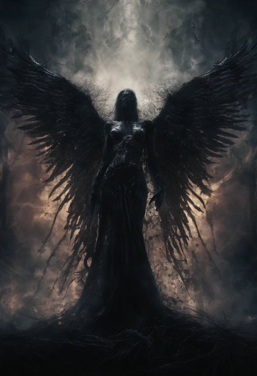 Cosmic Fallen Angel, glowing light eyes, Biomechanical, eerie, Creepy, nightmarish, Very bright colors, Light particles, with light glowing, Mshiff, wallpaper art, UHD wallpaper