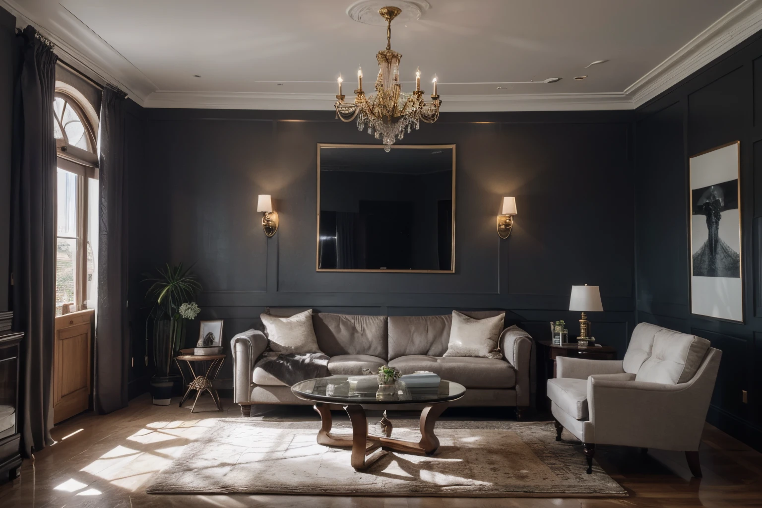 interior luxury, neo classic, minoti furniture, arafed view of a living room with a couch,bacara chandeliers, table coffee, detailed,, archviz, highly photographic,ceiling and wall panels, tall ceilings, 8k uhd, high quality, film grain, Fujifilm XT3, cinematic, slate grey, dramatic light, architecture, shadow in front, 5pm,