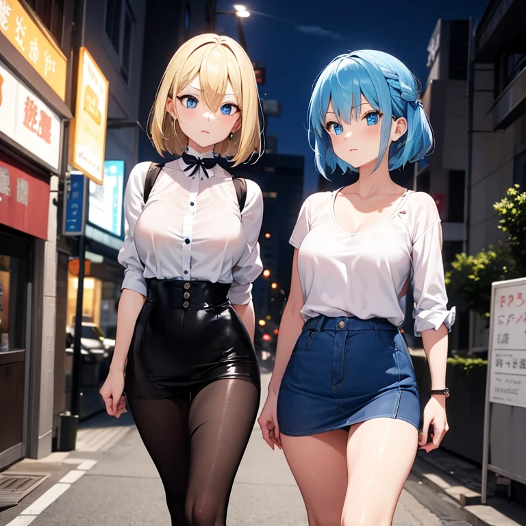 2D Anime Style、Blue eyes、breasts are slightly larger、A cool adult woman with short blonde hair and a serious expression....、showed my stomach,Black Fashion, Walking around the city at night,