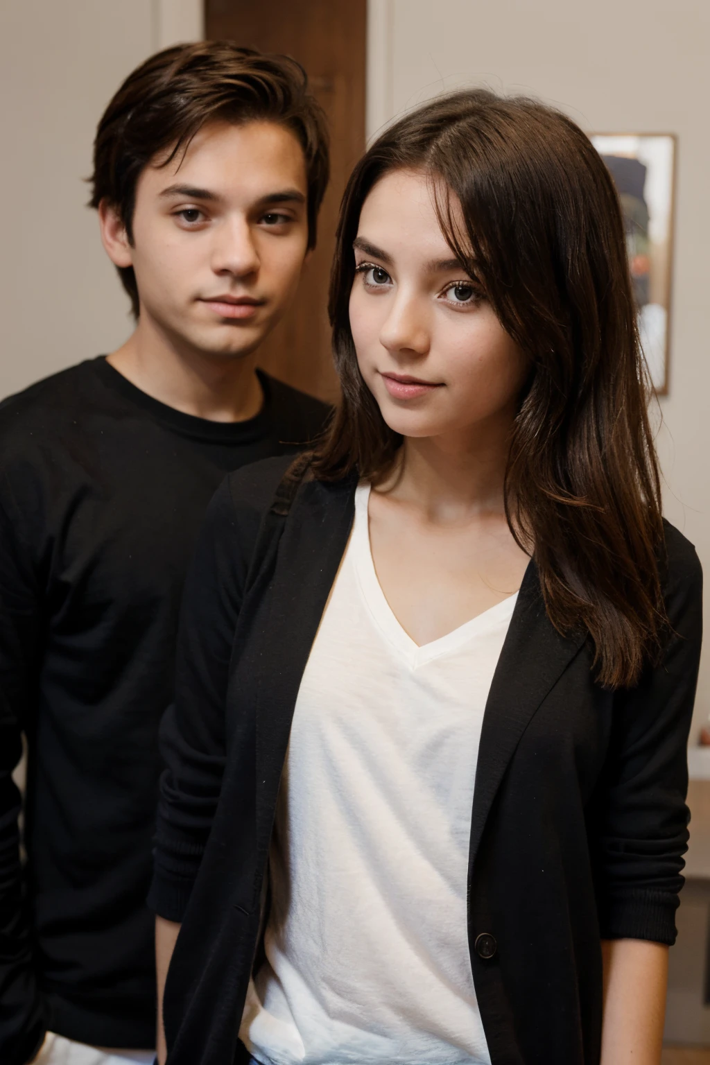 A picture of a cute girl in front and a cute boy behind her