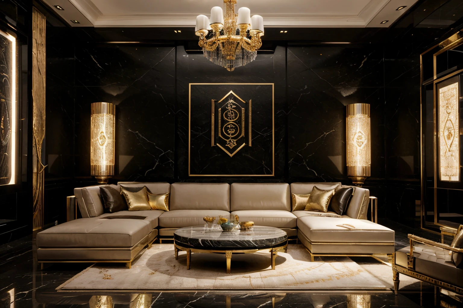 incredible luxurious futuristic black living room interior in Ancient Egyptian cyberpunk style, with lotus flowers, palm trees, hieroglyphics, gardens, flowers, rocky walls, sand, marble, precious minerals, metals, gemstones, crystals, clouds and water, crocodiles, ultra luxury, black marble, cinematic, epic, – with beautiful lights, Unreal Engine, HQ, 16k