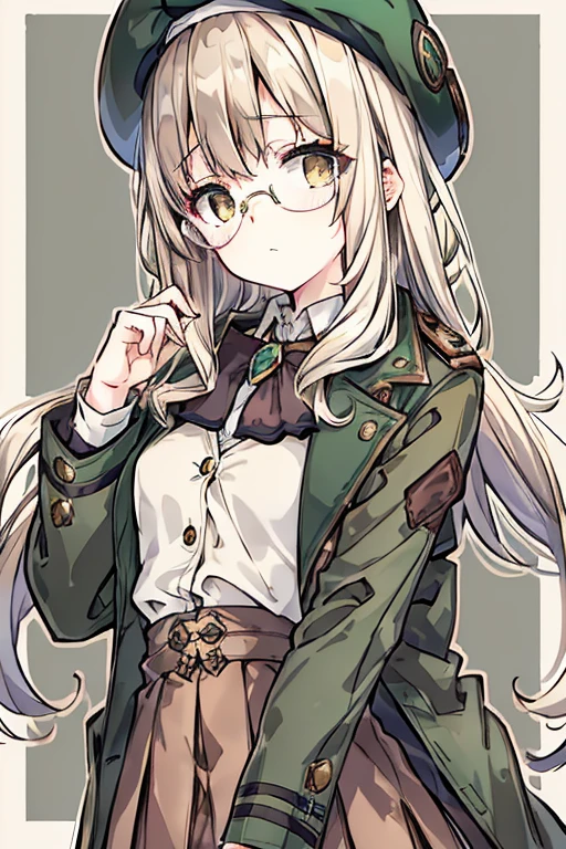 winter,shirt,Glasses with thin rim,White hair,Brown eyes,Brown tie,brown skirt,dark green beret,Dark green jacket,girl with,steampunkai