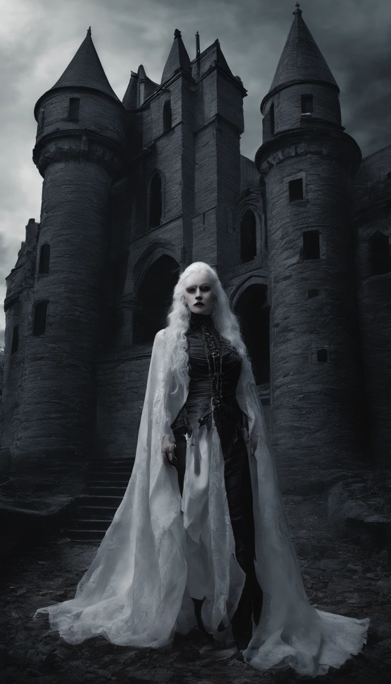 Women surrounded by castle ,vampire costume,accurate face,white hair,red eyes,