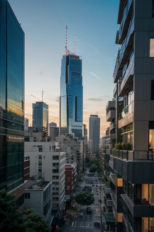 skyline of major city in a futuristic setting, the buildings have balconies and foliage accenting some parts of some buildings but not all of them. the sky is at sunset