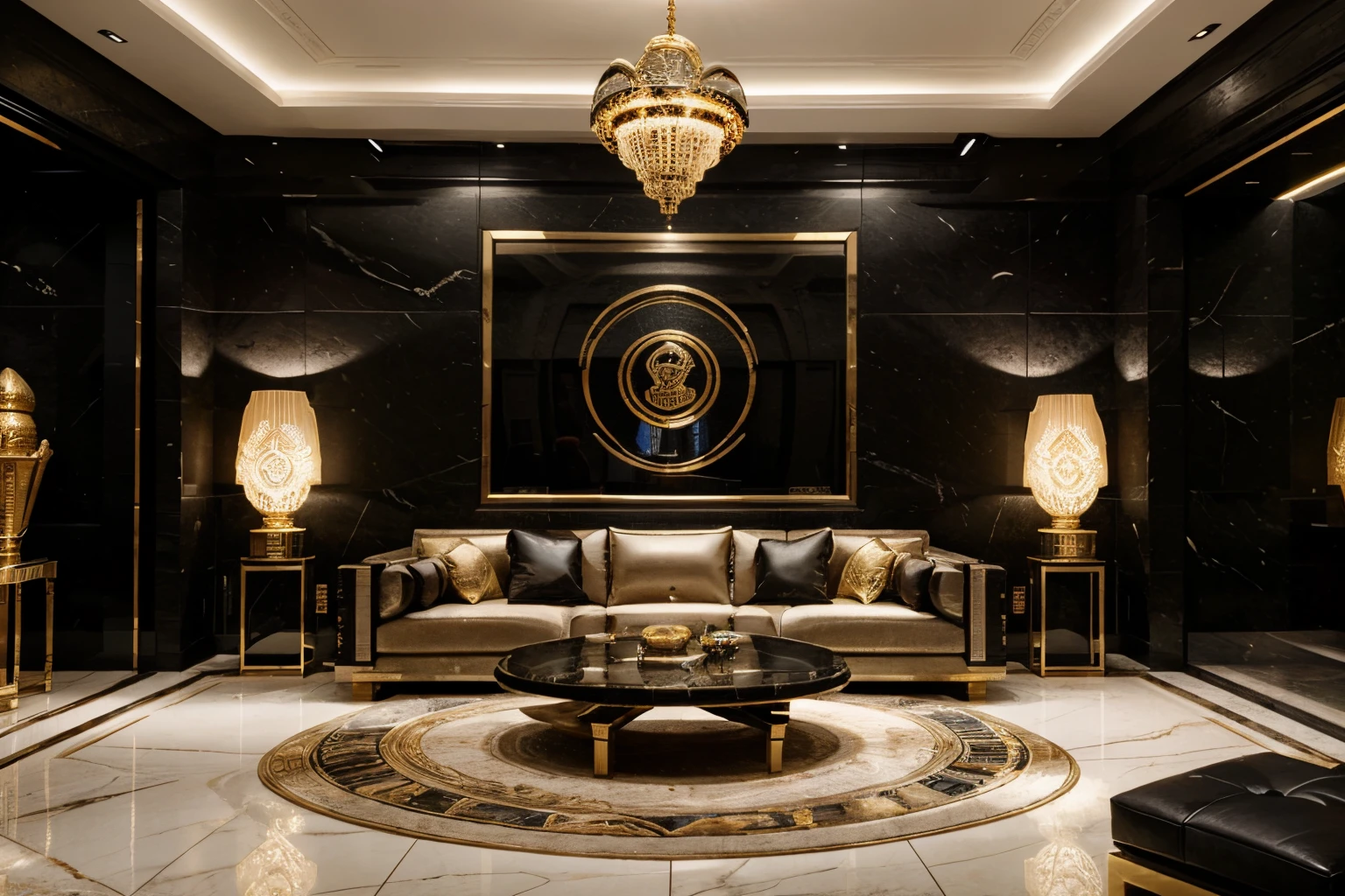 incredible luxurious futuristic black living room interior in Ancient Egyptian cyberpunk style, with lotus flowers, palm trees, hieroglyphics, gardens, flowers, rocky walls, sand, marble, precious minerals, metals, gemstones, crystals, clouds and water, crocodiles, ultra luxury, black marble, cinematic, epic, – with beautiful lights, Unreal Engine, HQ, 16k