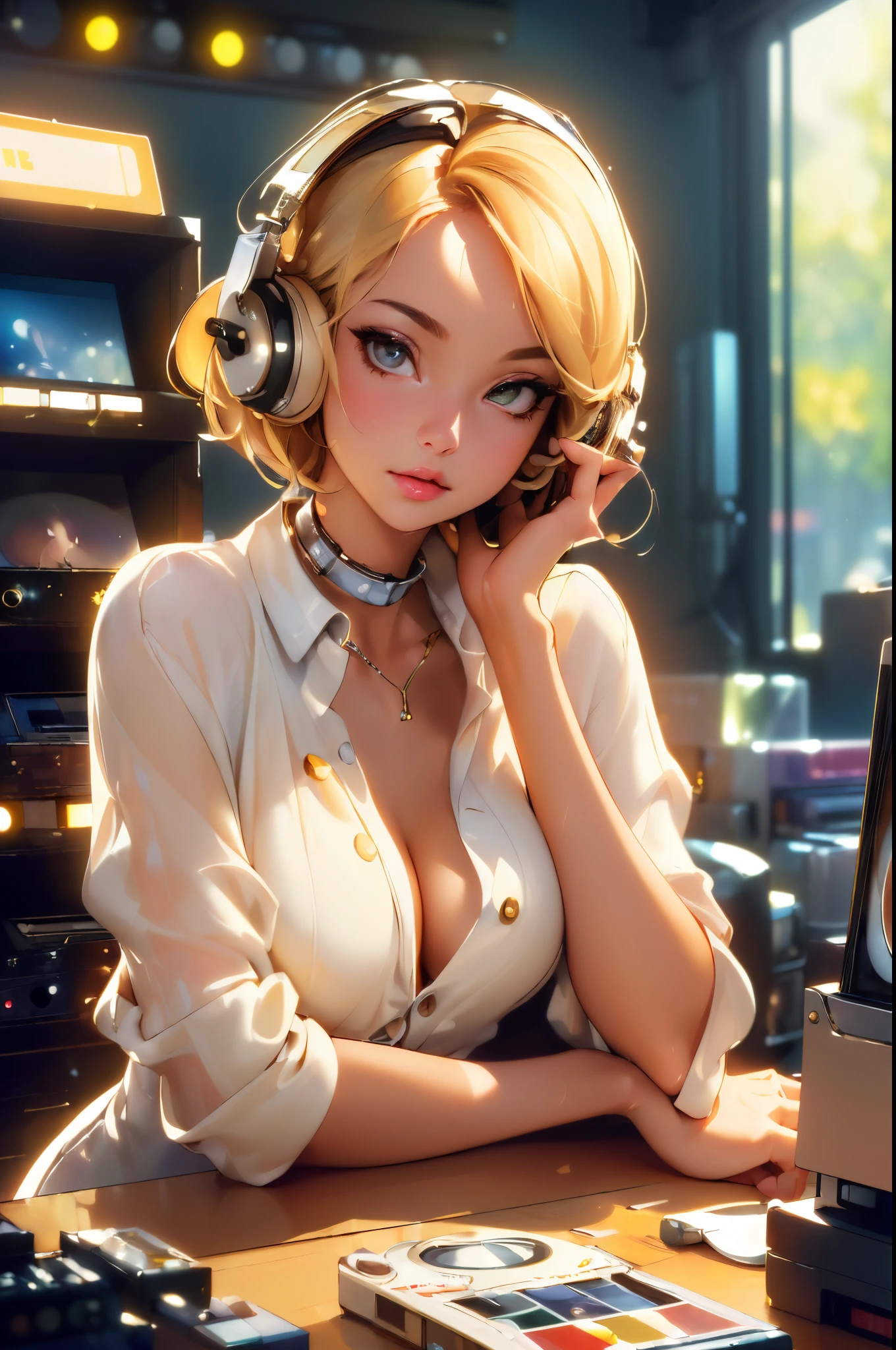 (masterpiece, best quality:1.4), ultra-detailed, soft light, natural lighting, cinematic light, film grain, (depth of field), (1woman, solo:1.4), young woman, perfect female form, (perfect face, detailed face, glossy lips, eyeliner), short hair, blonde, (mixtape:1.4), (music store, discs, vinil, radio, amplifiers, speakers),