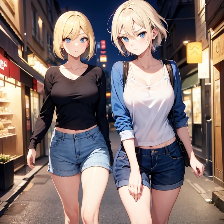 2D Anime Style、Blue eyes、breasts are slightly larger、A cool adult woman with short blonde hair and a serious expression....、showed my stomach,Casual Fashion, walking in paris at night,