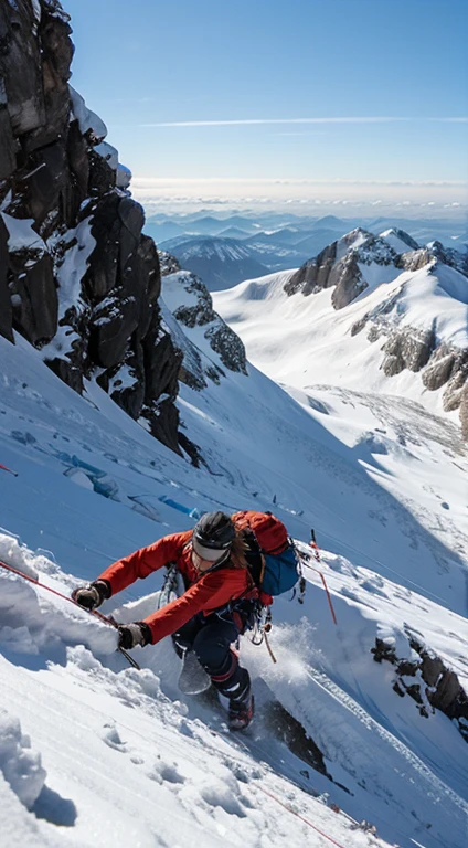 Illustrate a climber reaching the summit of a challenging mountain.