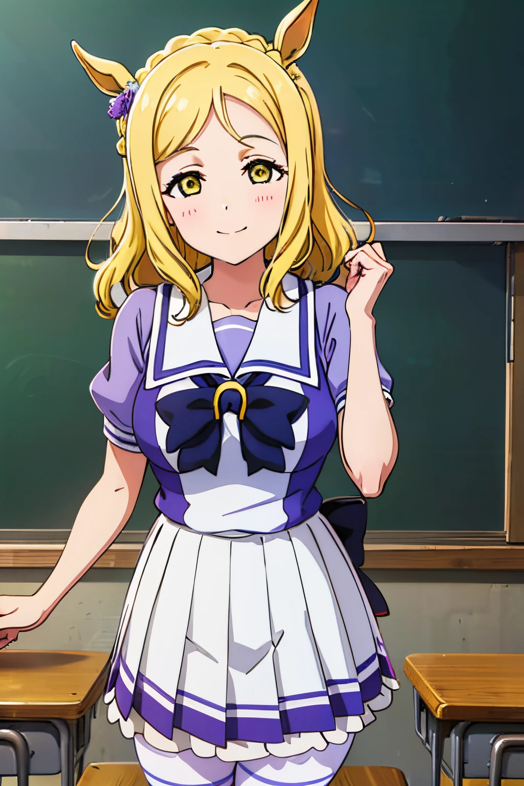 1girl, solo, ohara mari,smile,blonde hair, yellow eyes, crown braid,cowboy shot,narita top road \(umamusume\),horse tail,tracen school uniform, summer uniform,white skirt, serafuku, puffy short sleeves, bowtie, horseshoe ornament, sailor collar, sailor shirt, frills, white skirt, purple shirt, miniskirt, zettai ryouiki, white thighhighs, brown footwear, shoes,classroom,summer uniform