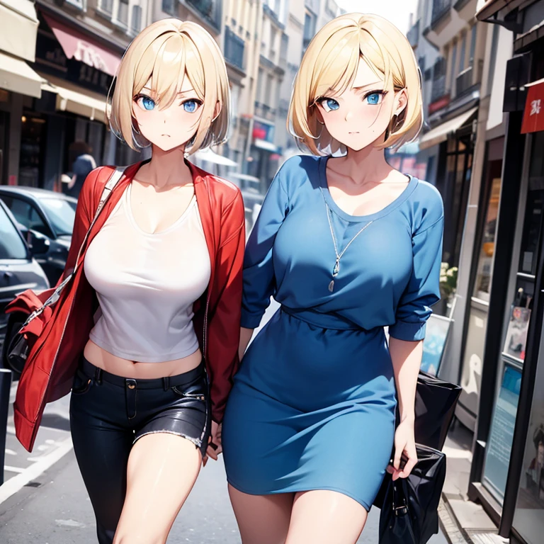 2 nude females in high heels walking together.