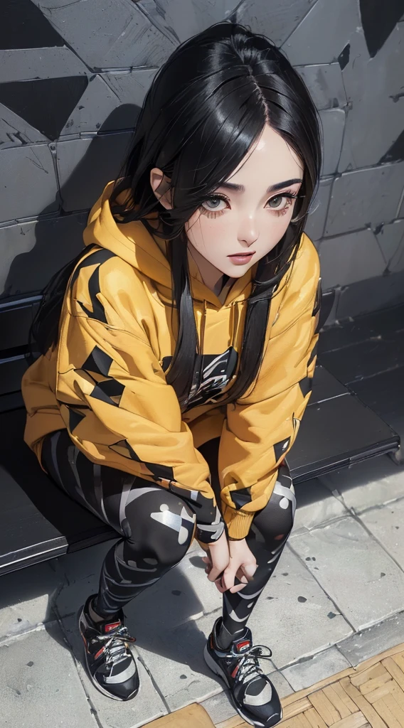 (((8k wallpaper of extremely detailed CG unit:1.2, masterpiece, hight resolution:1.2, top-quality:1.2, masutepiece))), ((a very beautiful woman, Hands in pockets:1.5, lying on an iron bench:1.2, Street fashion, wearing hoodies, Wearing leggings, Wearing shoes), ((extra detailed face, Contrasting eyes, Highly detailed black eyes:1.2, extra detailed body, Top quality real texture skins)), (A dark-haired, length hair, de pele branca, Small), ((colorful geometric pattern wall)), (high-angle:1.3), hyper realisitic, digitial painting,