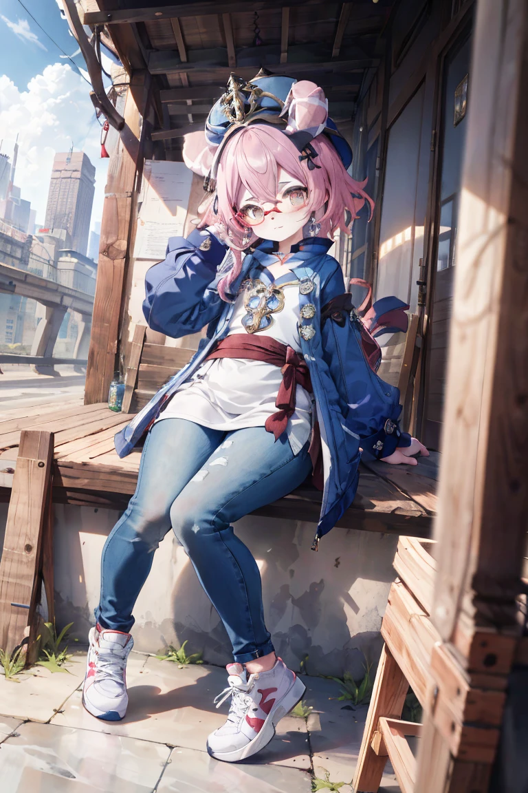Melousine|genshin impact, masterpiece, bestquality,3 girl,young girl, Long Jeans, Wear glasses, long-haired, pink hair,unstable _Front,oily shiny skin,flat chest,nice leg line:1.3,thick thighs, thin-waist,, red_streaks_light_wrap_dress, white_platform_sneakers, woven_El_bag, straw_headgear, gold_hoop_earrings, jacket, long jeans city scenery,looking at the audience,From Top:1.2,dynamic angle