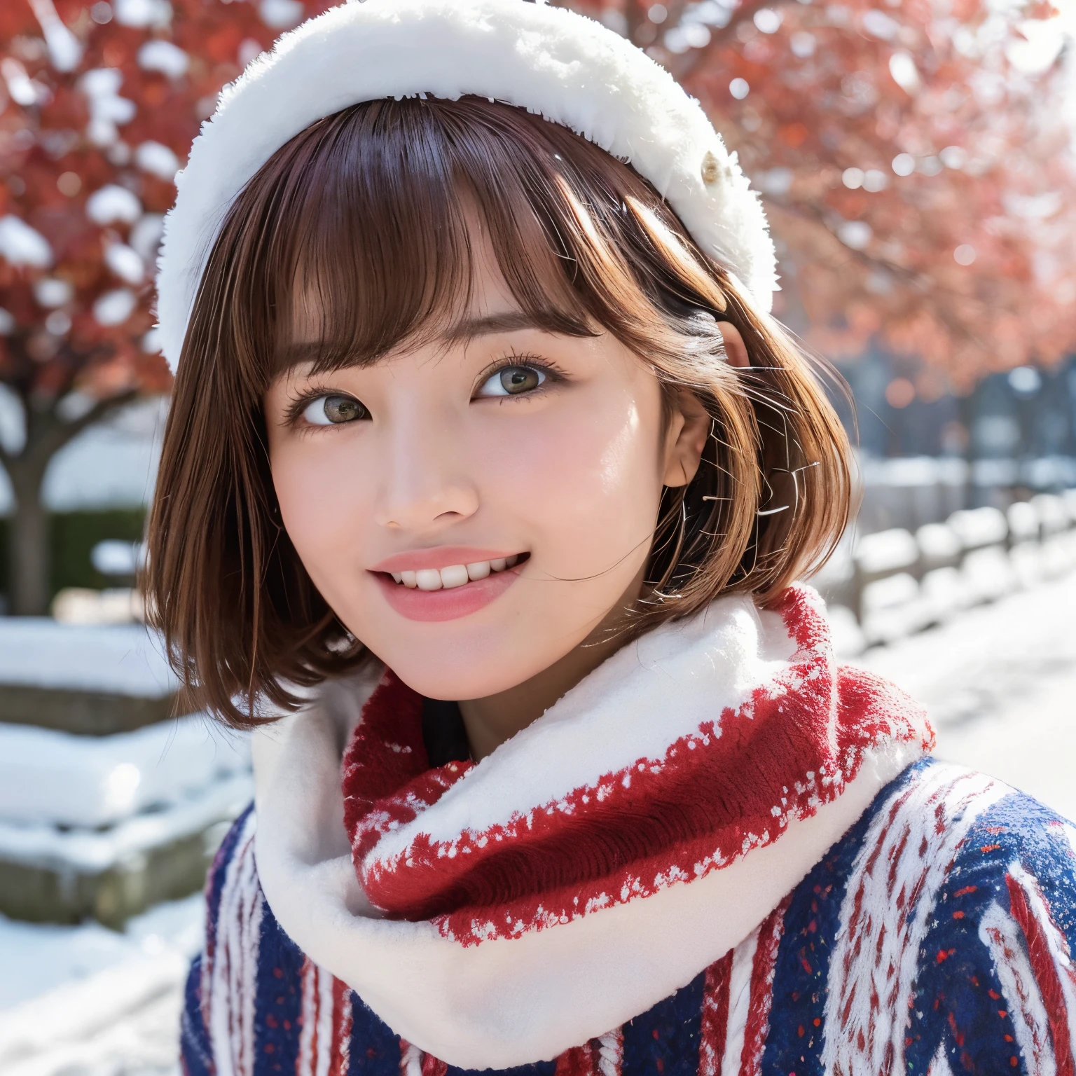(masutepiece:1.4, top-quality、Very attractive adult beauty with a very cute smile:1.4、Add intense highlights to the eyes:1.4、Look firmly at the camera、Put your right hand on your chest、Beautiful woman full of adult charm:1.4),1girl in, 独奏, Light brown shiny hair, muffler,Santa Claus hat:1.4,realisitic, looking at the viewers, Bright colored crystal light blue eyes:1.4, short shiny hair, Santa Claus Starneck Knit、 Red and white costume of Santa Claus in a turtleneck with a round hole in the center of the chest:1.4,Sexy red and white turtleneck knit sweater with round hole in the center of chest:1.4、 s lips, lipgloss:1.4,bangss, The upper part of the body、big eye、Lashes、The face is a little red:1.4、Embarrassing)、((Canada's tree-lined streets in winter:1.4))、((Brunette short bob hair with bangs、big eye、Put very strong highlights in your students:1.4、{Gigantic|Big|Huge|Mega} breasts:1.4、very Bigger breasts、gazing at viewer、Very beautiful beauty、Put your ears out:1.4、long neck:1.4、little smiling、Beautiful teeth、Open your mouth and smile:1.4))、28 year old:1.4、Very cute supermodel:1.4、Cute 2