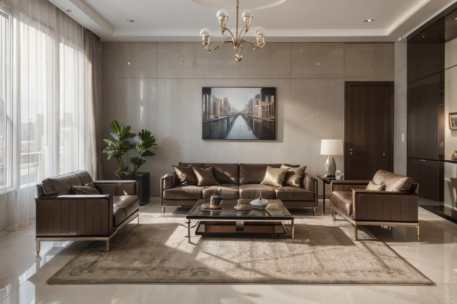 "(Best quality,4K,8K,A high resolution,Masterpiece:1.2),Ultra-detailed,Realistic,modern living room,contemporary design,sleek furniture,of decoration,Elegant color palette,Minimalist,Large windows,Plenty of natural light,high ceiling,spacious,Open concept,Unique lighting fixtures,marble floor,Unique artwork,Stylish carpets,comfortable seating,Plush cushions,Polished surface,metal decoration".