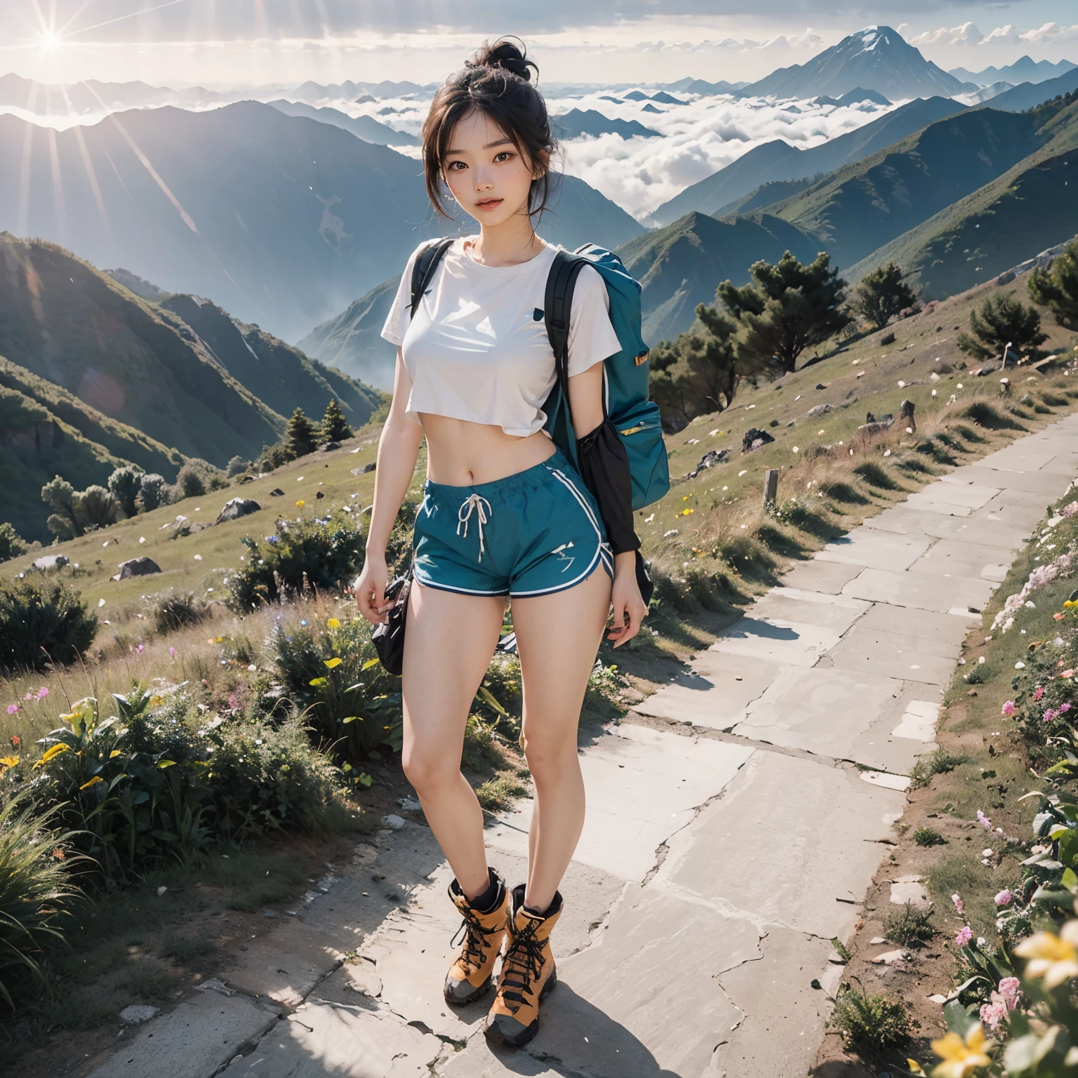 (((supermodel style character in detailed full body))), photo of a korean woman named koreanbabe, 10 years old, Shooting for one person only, cute, kawaii, blush, big eyes, big breast, nfsw, detailed face, detailed pupils, detailed iris, skin texture, From front, detailed eyes, Beautiful waist, very slender legs, very slender physique, sexy, seductive, Very aesthetic, (looking at viewer:1.25), thin arms, eye shadow, skin pores, lips, nose, keylight reflection on eyes, (natural smile), photorealistic light, (masterpiece:1.2) and (best quality:1.2) and (photorealistic:1.2) and (Realistic:1.4), natural light, flash photography, Cinematic Feeling, (((Colorful))), (Perfect body : 1.1), (dynamic angle, dynamic pose:1.2), ((full body : 1.4)), (((standing: 1.3))), posing: 1.2, Naturescape photography, mountain climbing, Magnificent mountain, sea of clouds), (On a very high mountain peak), (Fantastical, sunset),  (white t-shirts), (Trekking shorts), (trekking boots), (backpack)