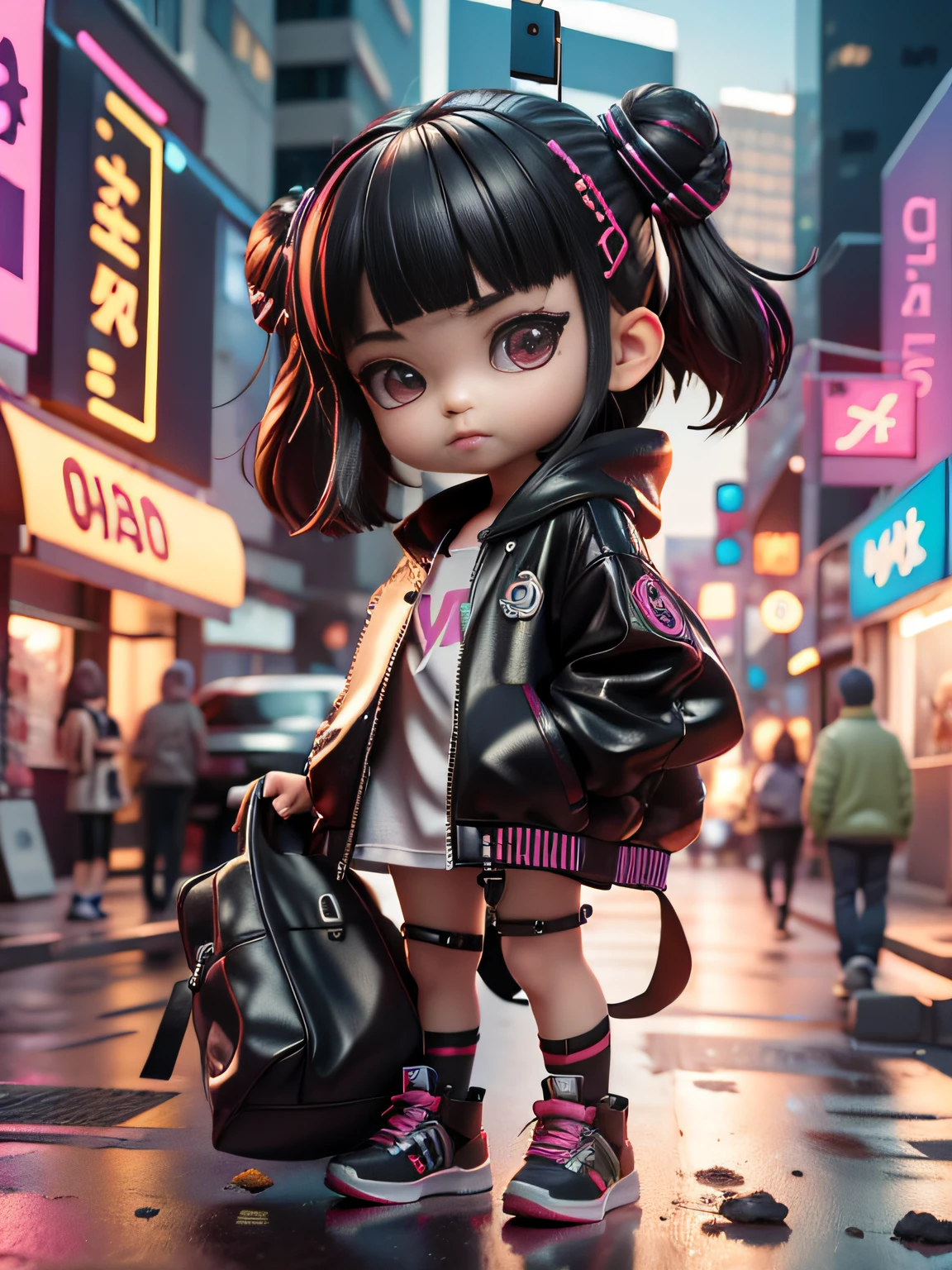 3D toy, 3D Rendering, IP address, Cyberpunk style, Chibi, Cute little girl, Wear a black mask, Simple background, Best Quality, C4D, blender, 3Dmodel, Toys, Vivid colors, Street style, High resolution, many details, Pixar, candy colors, Big shoes, fashion trend, Art Book