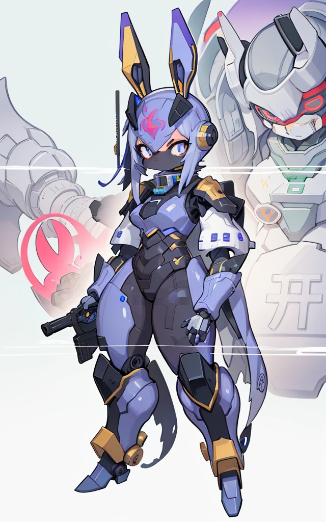 Cartoon image of robot rabbit holding gun, mecha cyber armor, Cool mech style, Mecha suit, Full robot full body mecha suit, cyber fight armor, wearing cyber armor, anime mecha armor, Purple armor, Complex assassin mecha, Mecha Inspiration
