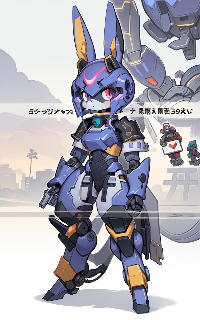 Cartoon image of robot rabbit holding gun, mecha cyber armor, Cool mech style, Mecha suit, Full robot full body mecha suit, cyber fight armor, wearing cyber armor, anime mecha armor, Purple armor, Complex assassin mecha, Mecha Inspiration