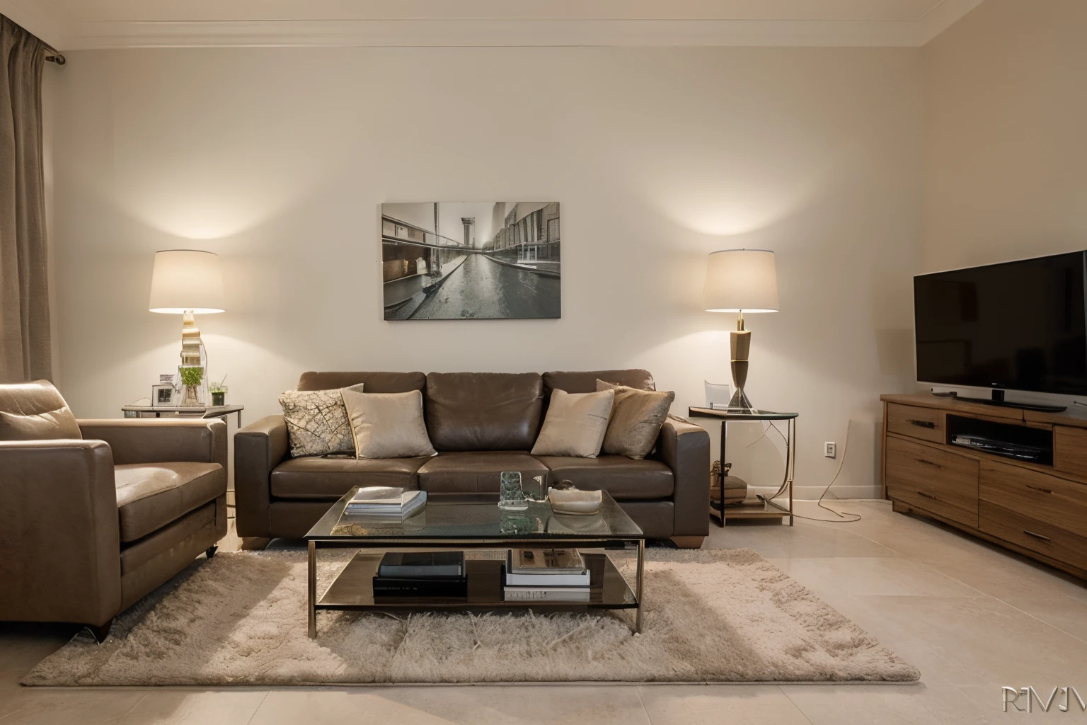 Picture a stylish 1LDK room that exudes modern elegance. The living space is bright and airy, with contemporary furniture and decor. On a sleek coffee table, there's a stack of currency notes symbolizing wealth, next to a modern telephone. The lighting is soft and natural, casting a warm glow throughout the room.
