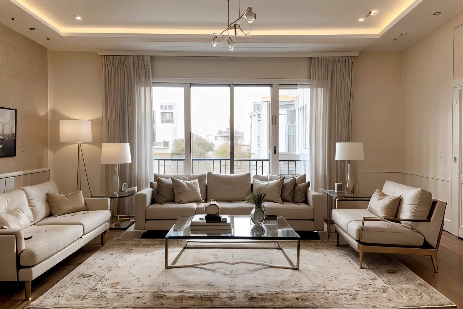 Picture a stylish 1LDK room that exudes modern elegance. The living space is bright and airy, with contemporary furniture and decor. On a sleek coffee table, there's a stack of currency notes symbolizing wealth, next to a modern telephone. The lighting is soft and natural, casting a warm glow throughout the room.