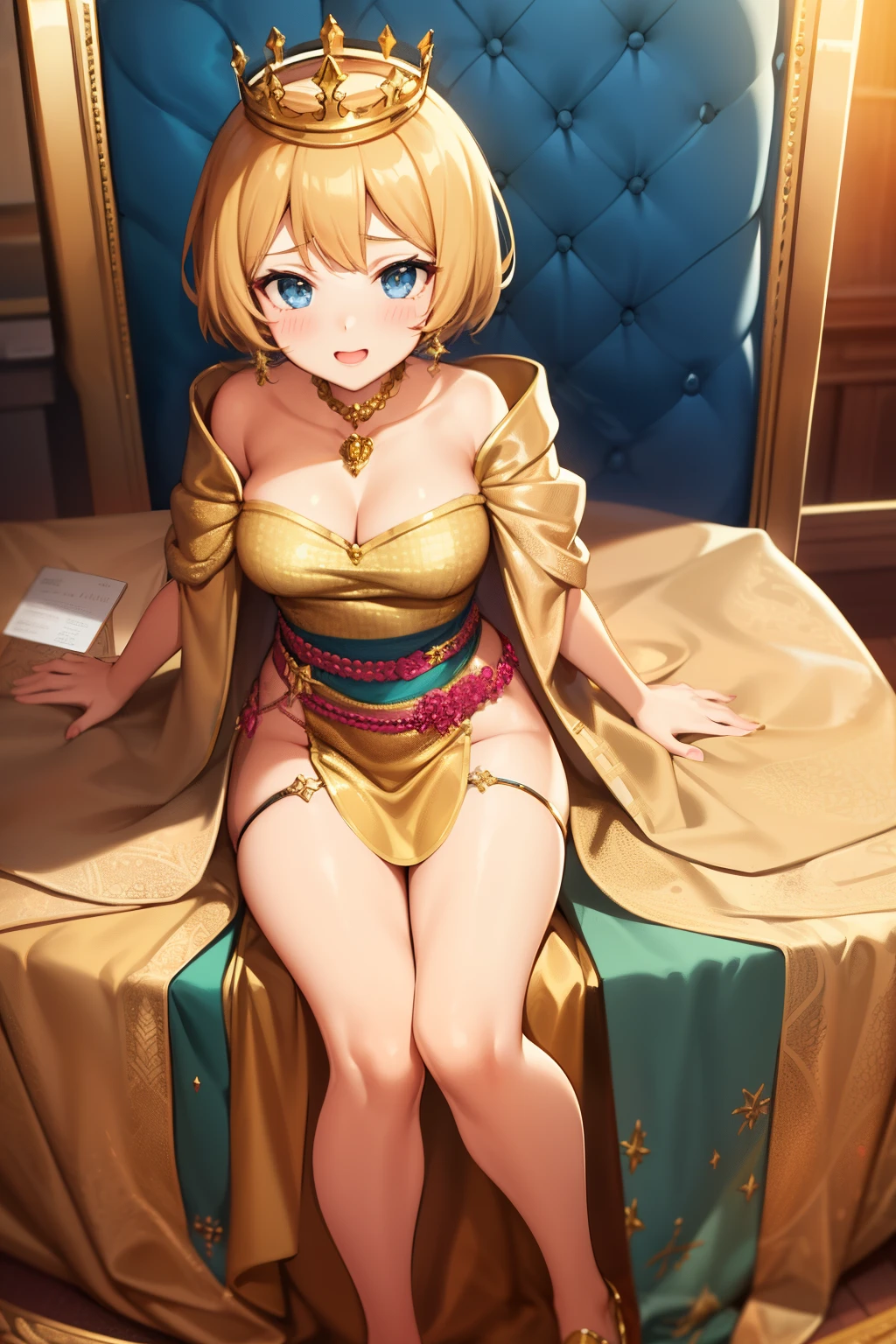Cute girl, queen, crown, gold, Queen clothes, full body, Golden clothes, grown girl, big girl, adult girl, sexy, sexy body, short hair